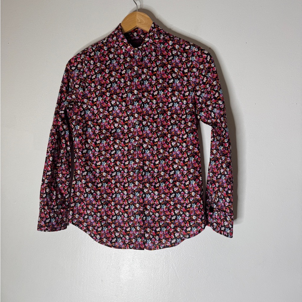 J Crew Liberty Of London Sz 0 Ruffle Collar Shirt Tie Neck Red Pink Floral